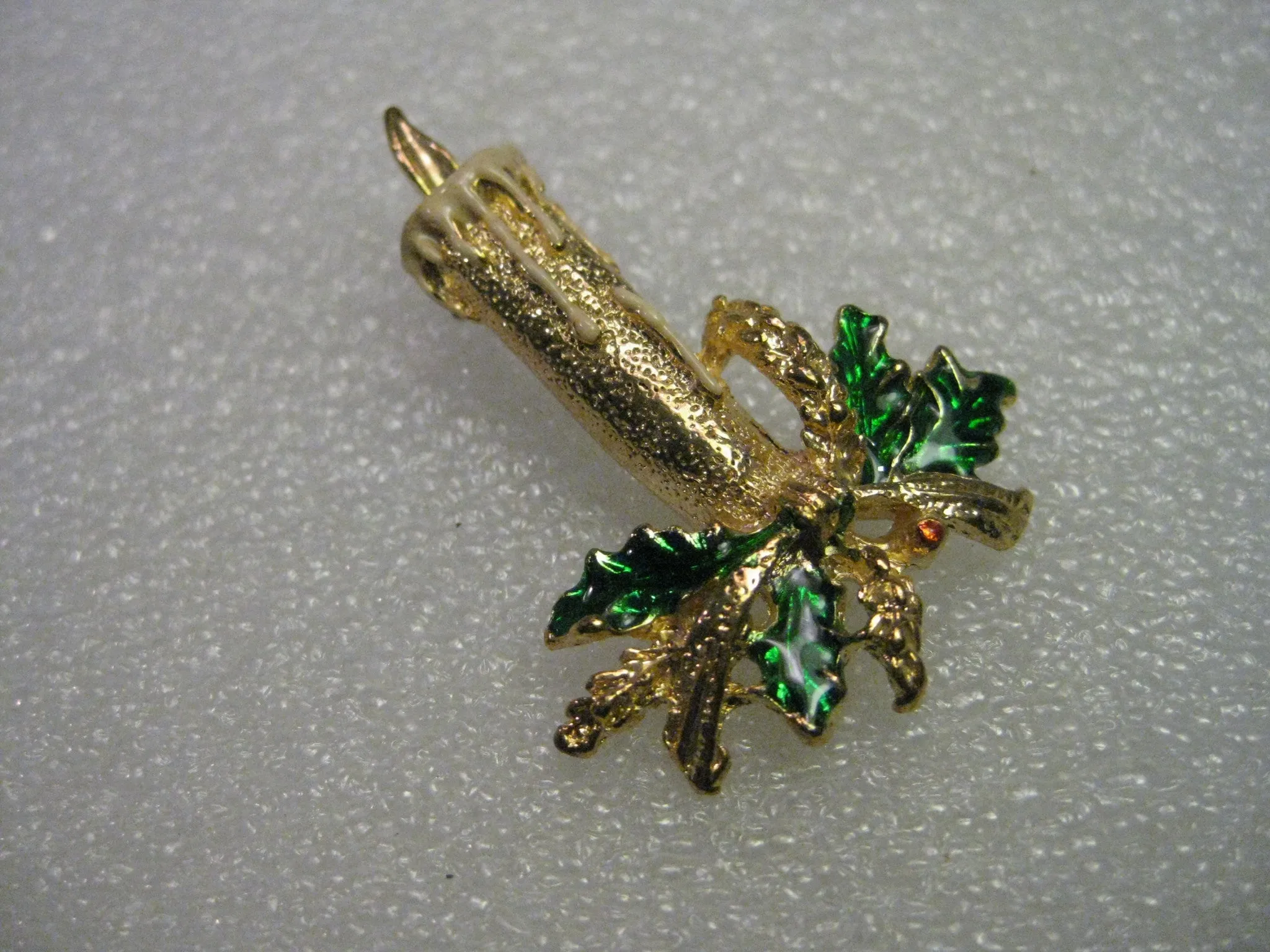 Vintage and Current, Christmas Candle with Flame Brooch , Green Holly
