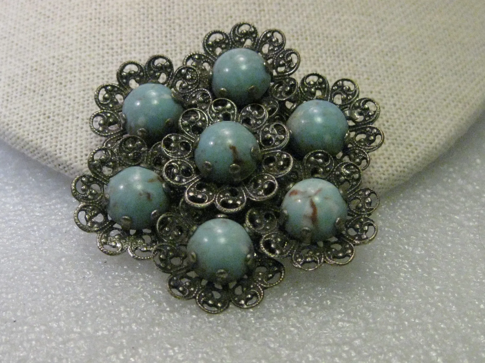 Vintage Brooch, Silver tone Filigree Blue Stone Art Deco Blossom Shaped, 2.25"