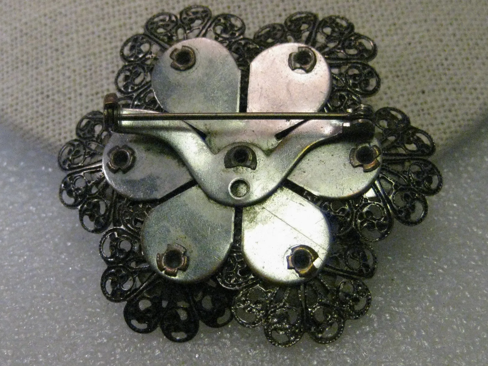 Vintage Brooch, Silver tone Filigree Blue Stone Art Deco Blossom Shaped, 2.25"