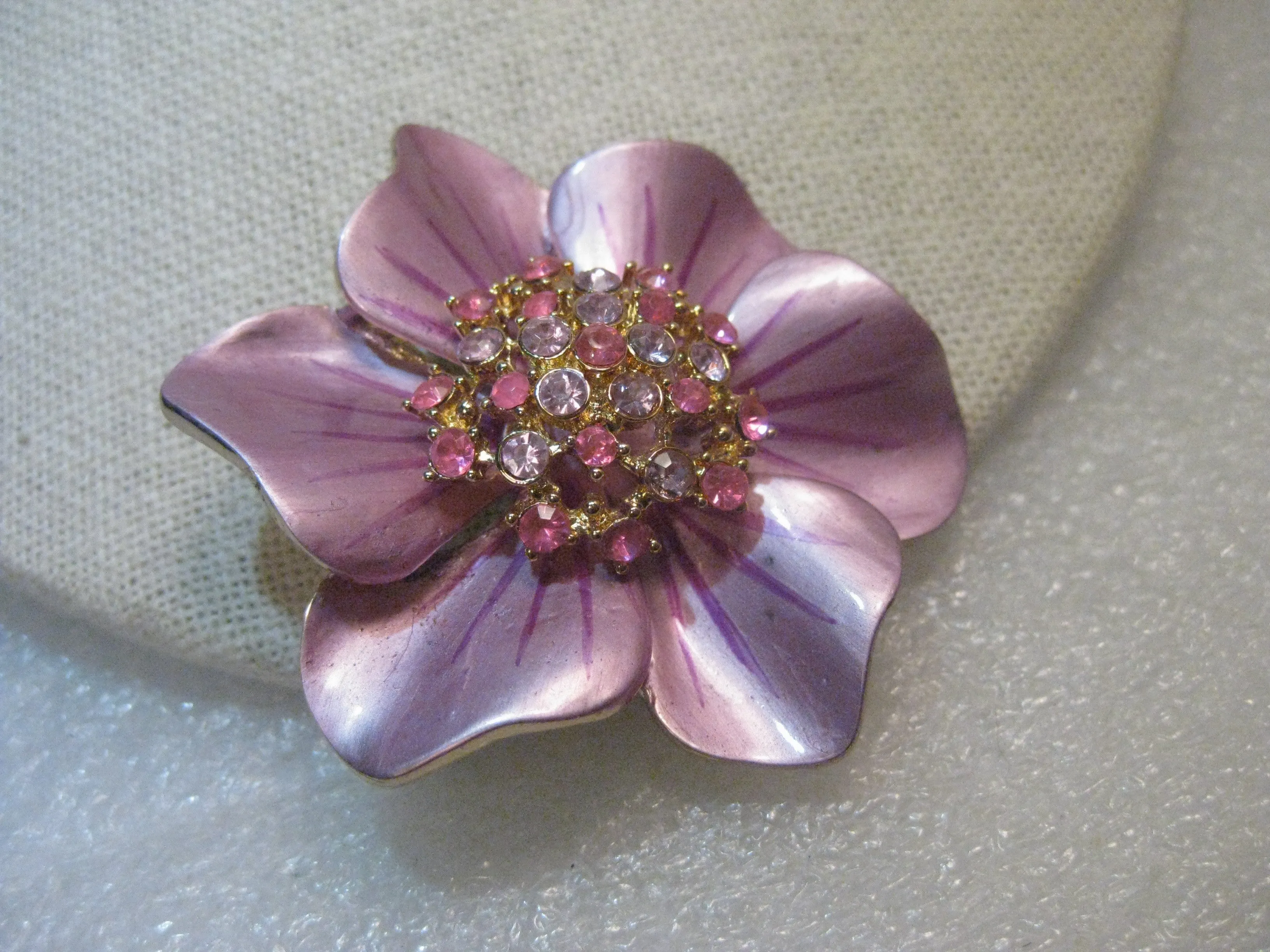 Vintage Enameled Flower Brooch, Rhinestone Center, Pink & Lavender, 2", 1960's