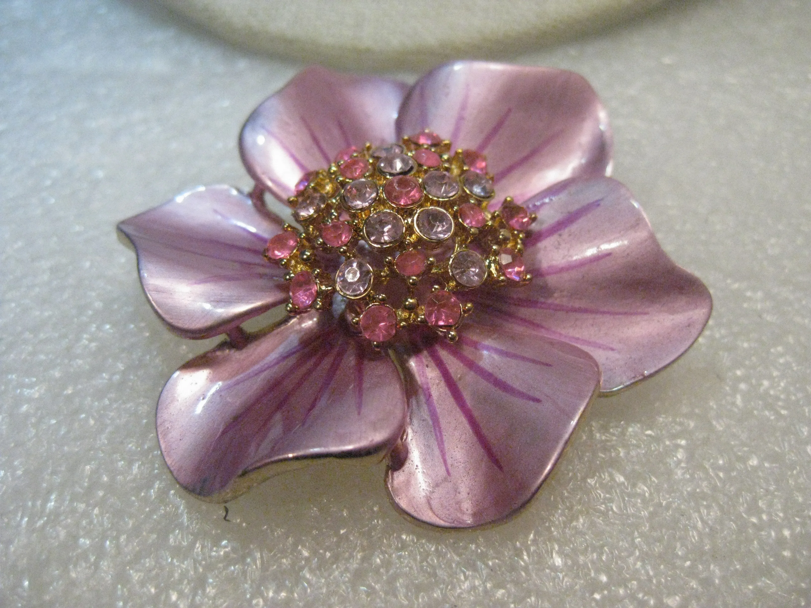 Vintage Enameled Flower Brooch, Rhinestone Center, Pink & Lavender, 2", 1960's