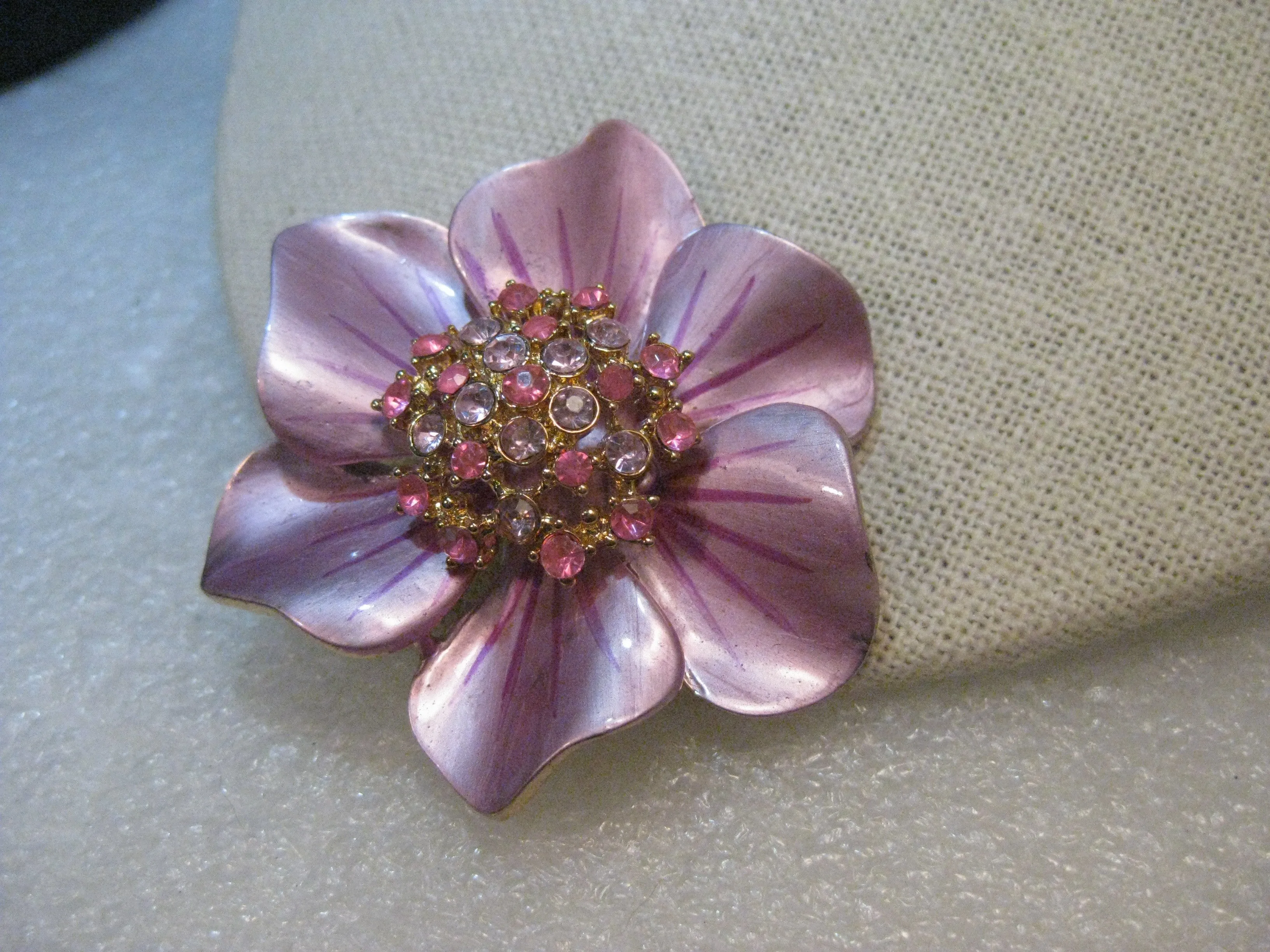 Vintage Enameled Flower Brooch, Rhinestone Center, Pink & Lavender, 2", 1960's