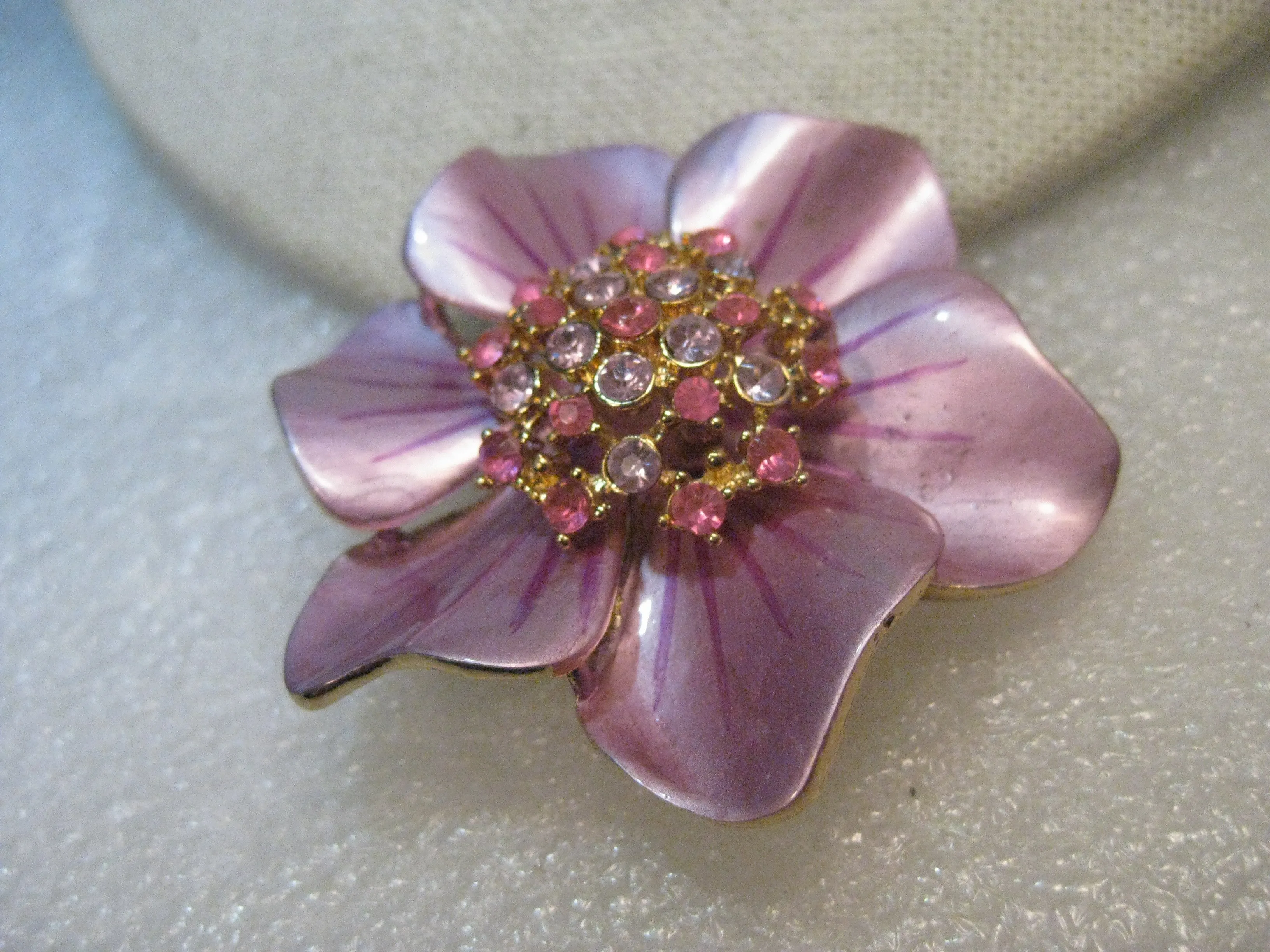 Vintage Enameled Flower Brooch, Rhinestone Center, Pink & Lavender, 2", 1960's