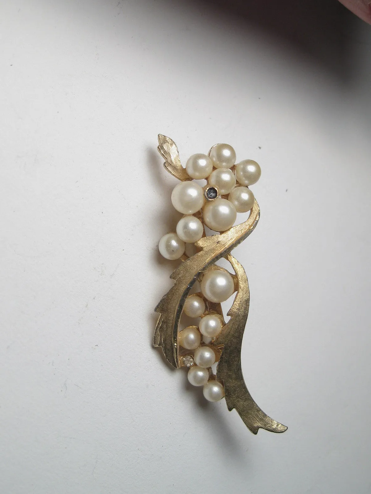 Vintage Gold Tone & Faux Pearl BSK Brooch, Rhinestone Accent, 2.5"