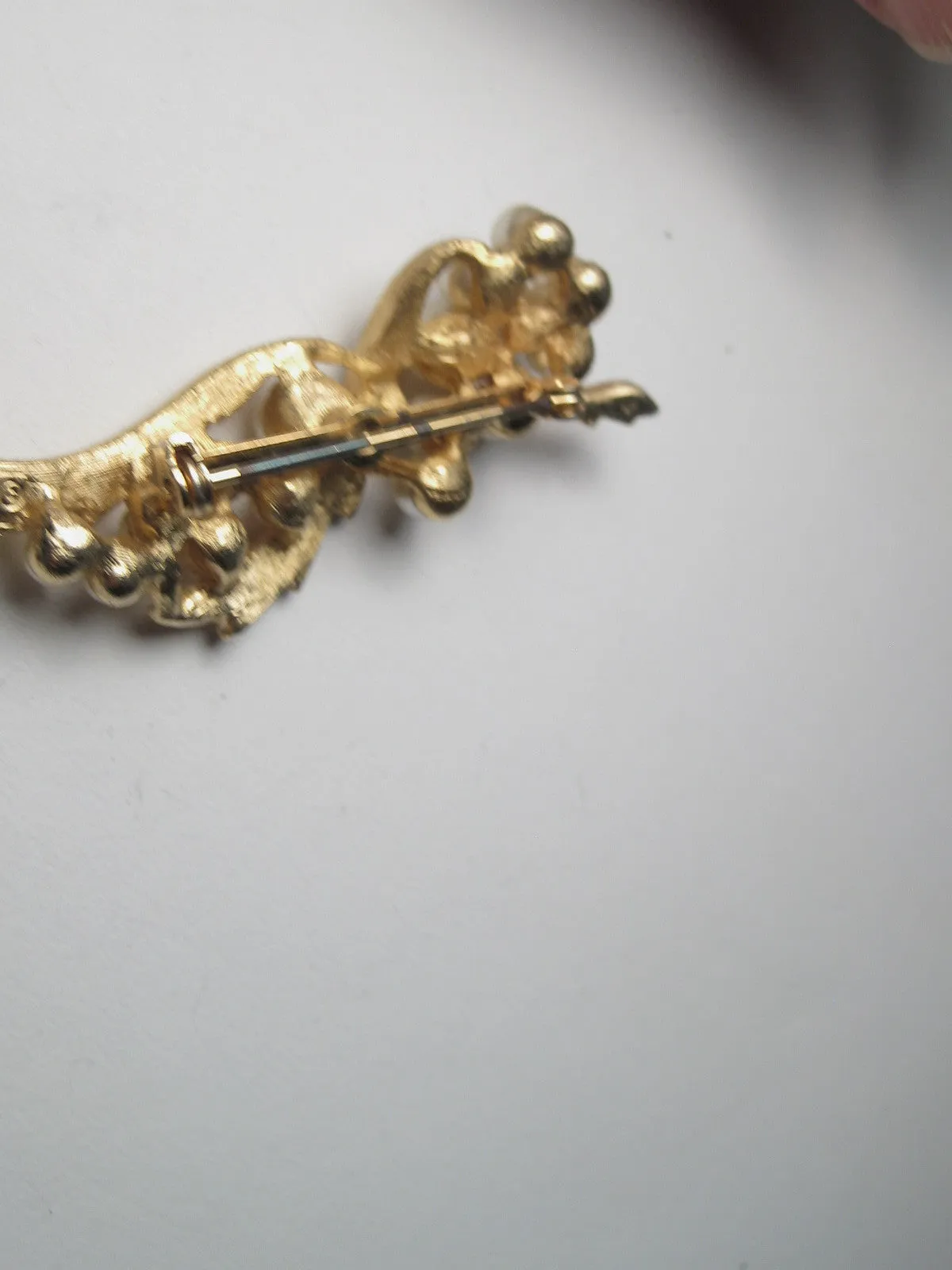 Vintage Gold Tone & Faux Pearl BSK Brooch, Rhinestone Accent, 2.5"