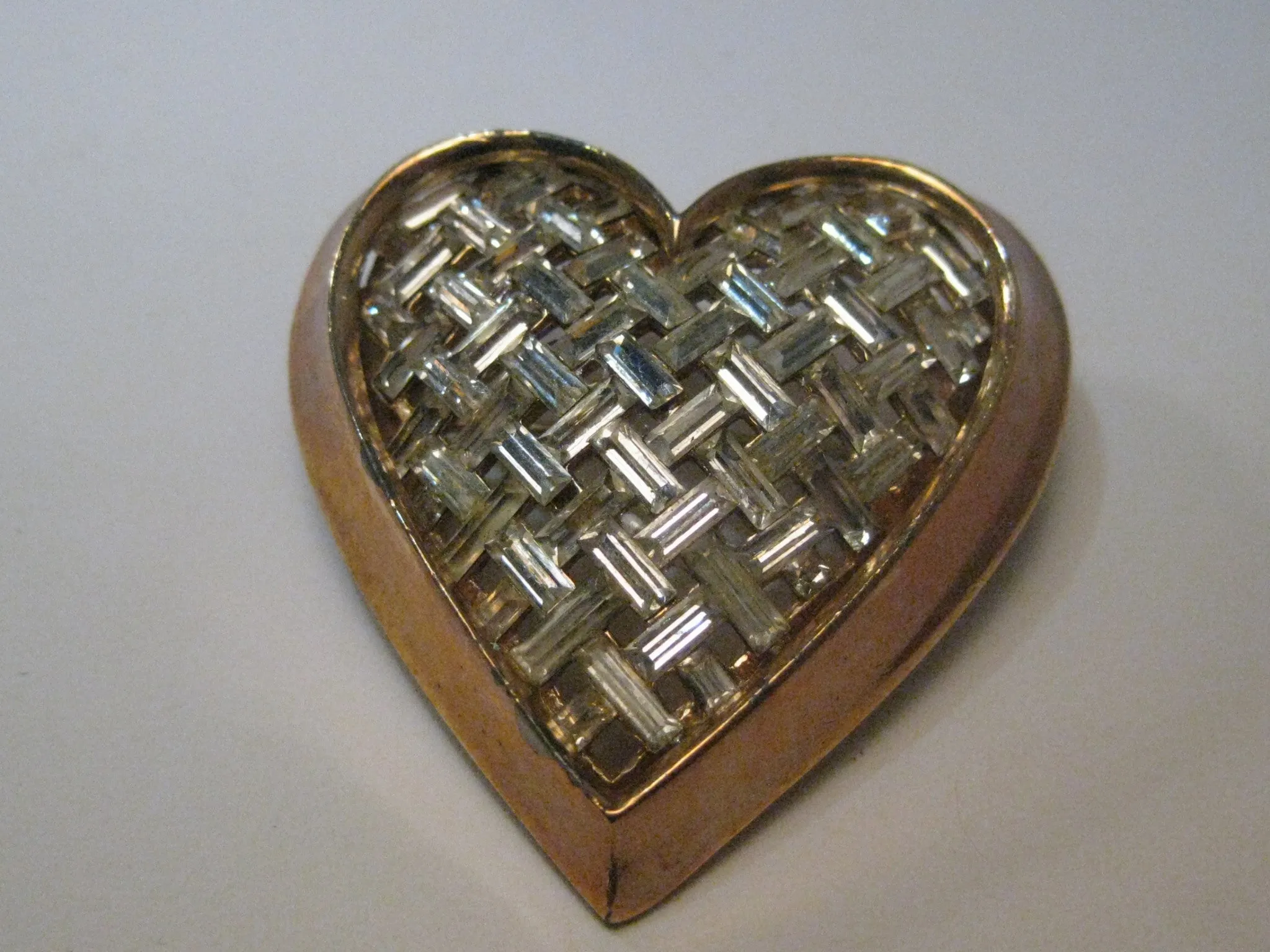 Vintage Gold Tone Heart Brooch with Basketweave of  Rhinestone Baguettes, 1.75"