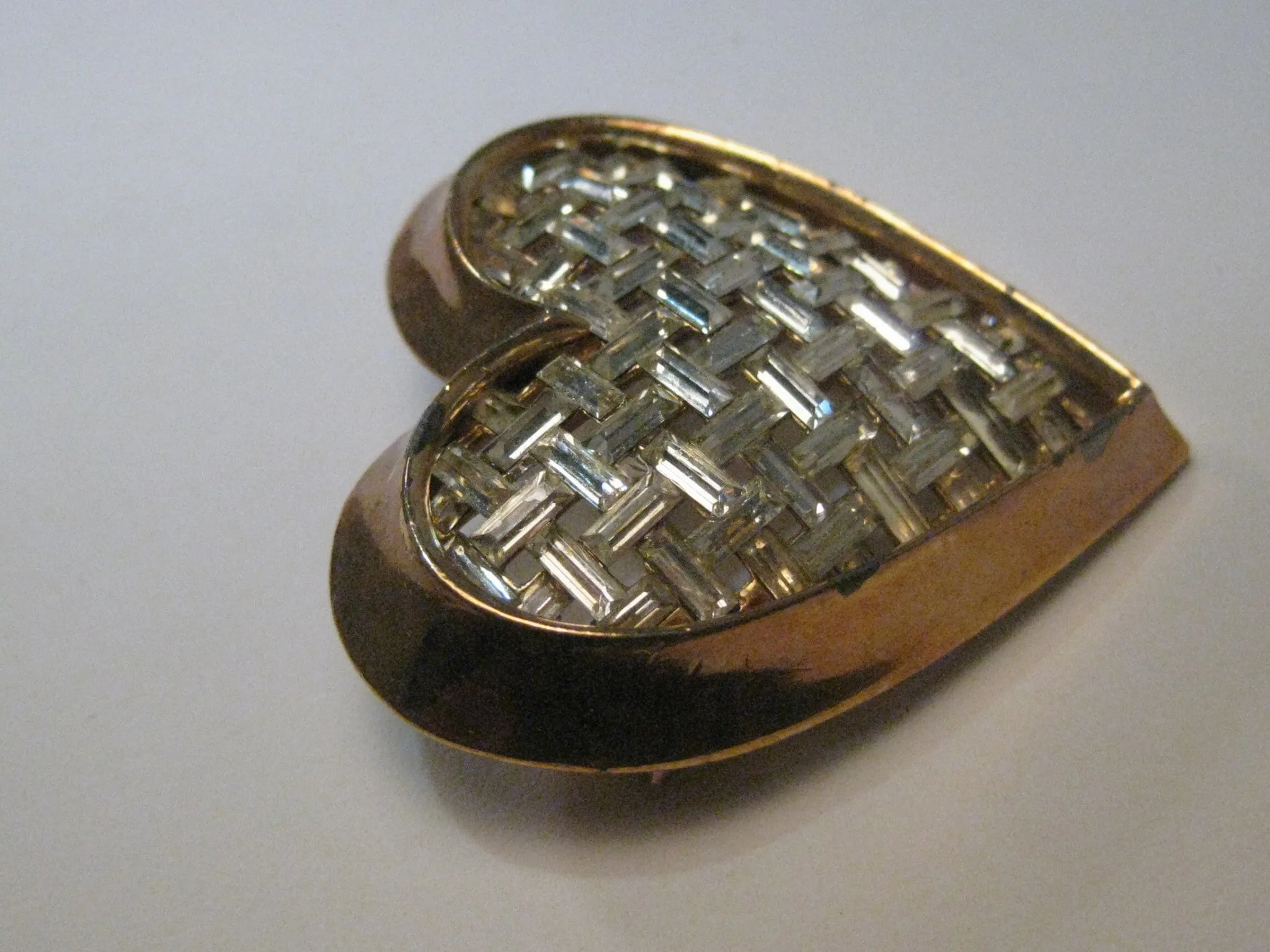 Vintage Gold Tone Heart Brooch with Basketweave of  Rhinestone Baguettes, 1.75"