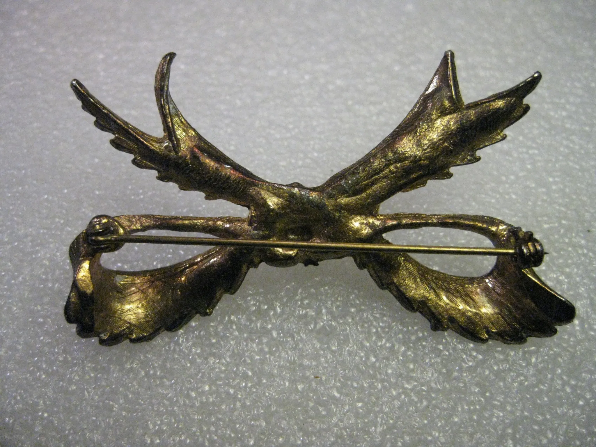 Vintage Goldtone Large Bow Brooch with Center Heart Clear Rhinestone