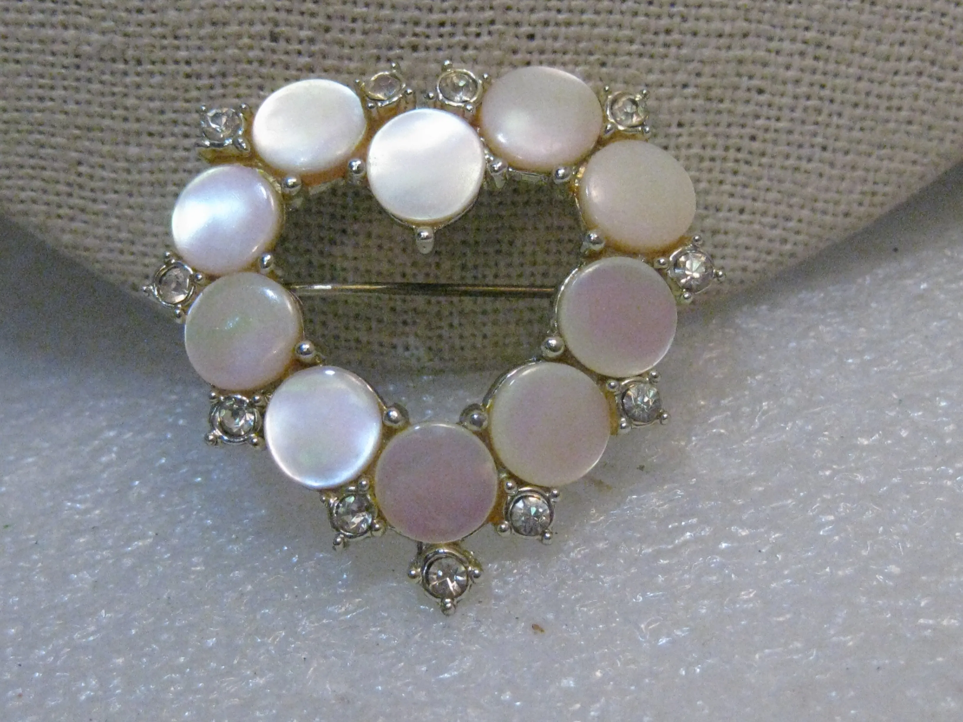 Vintage Mother-of-Pearl Heart Brooch w/Rhinestones, Pink, 1.5", Silver Tone, 1960's