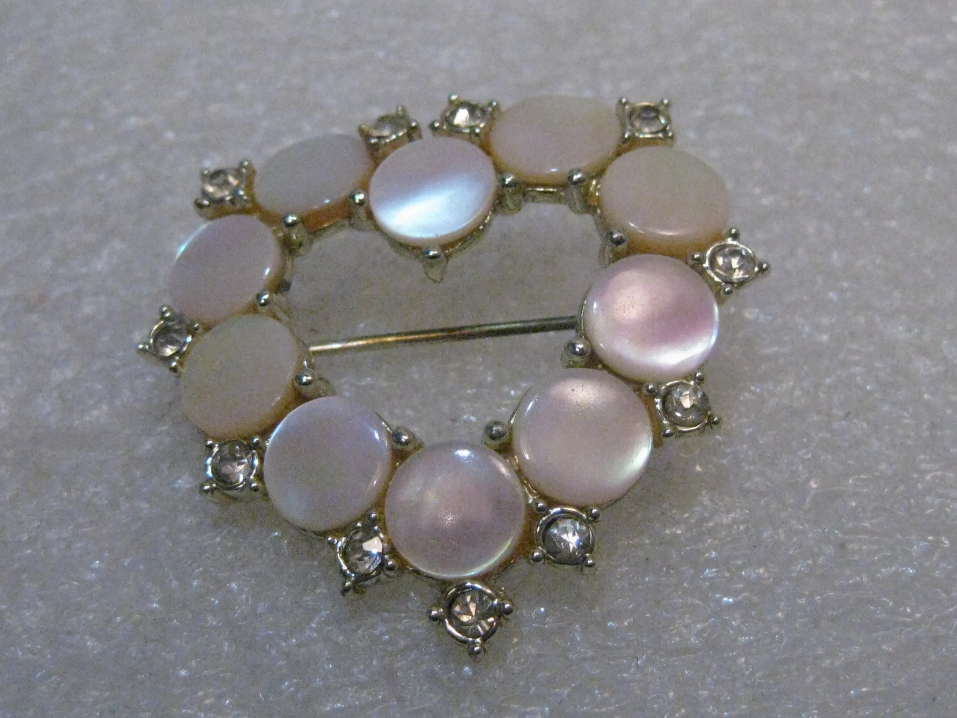 Vintage Mother-of-Pearl Heart Brooch w/Rhinestones, Pink, 1.5", Silver Tone, 1960's