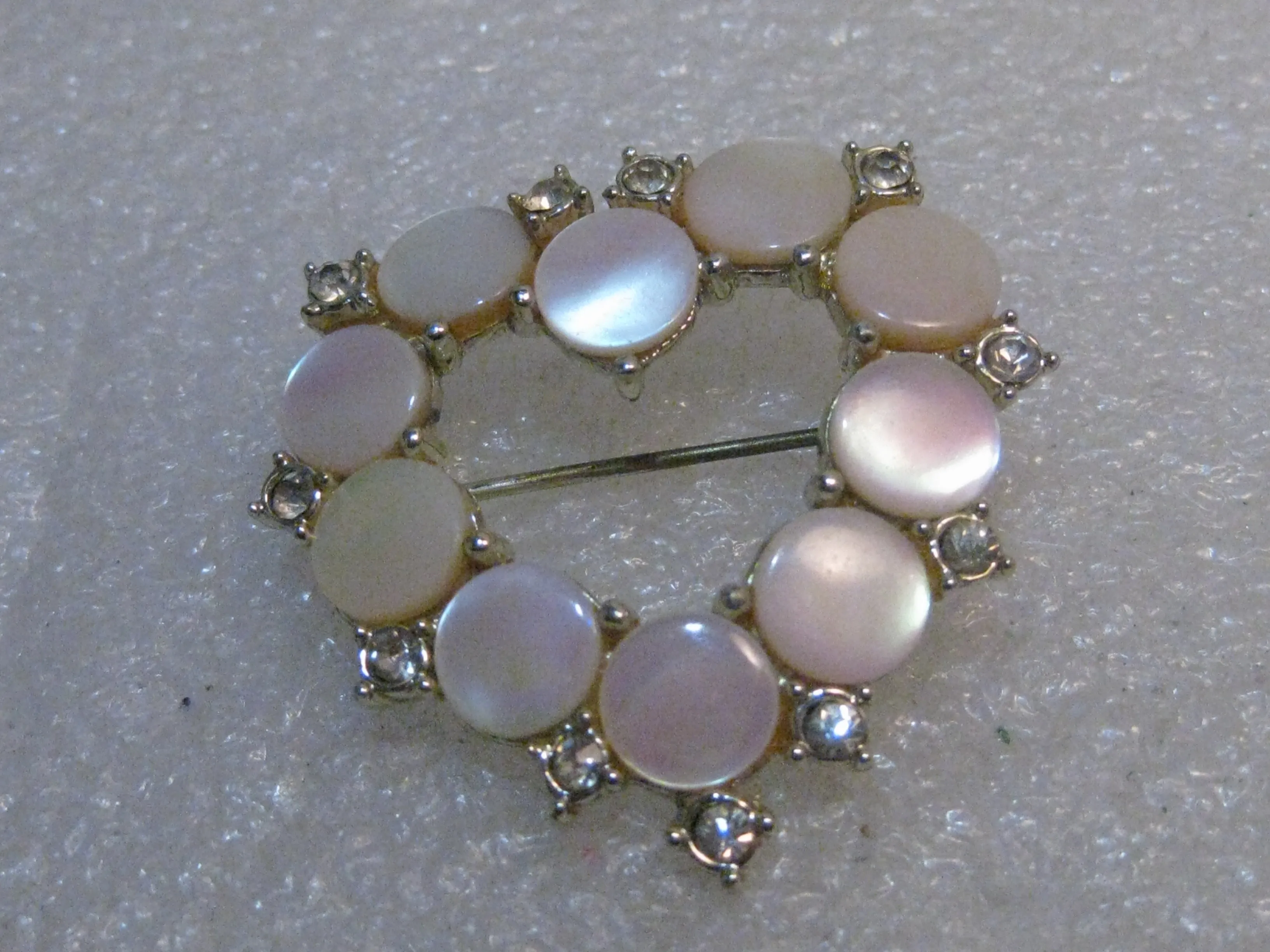 Vintage Mother-of-Pearl Heart Brooch w/Rhinestones, Pink, 1.5", Silver Tone, 1960's