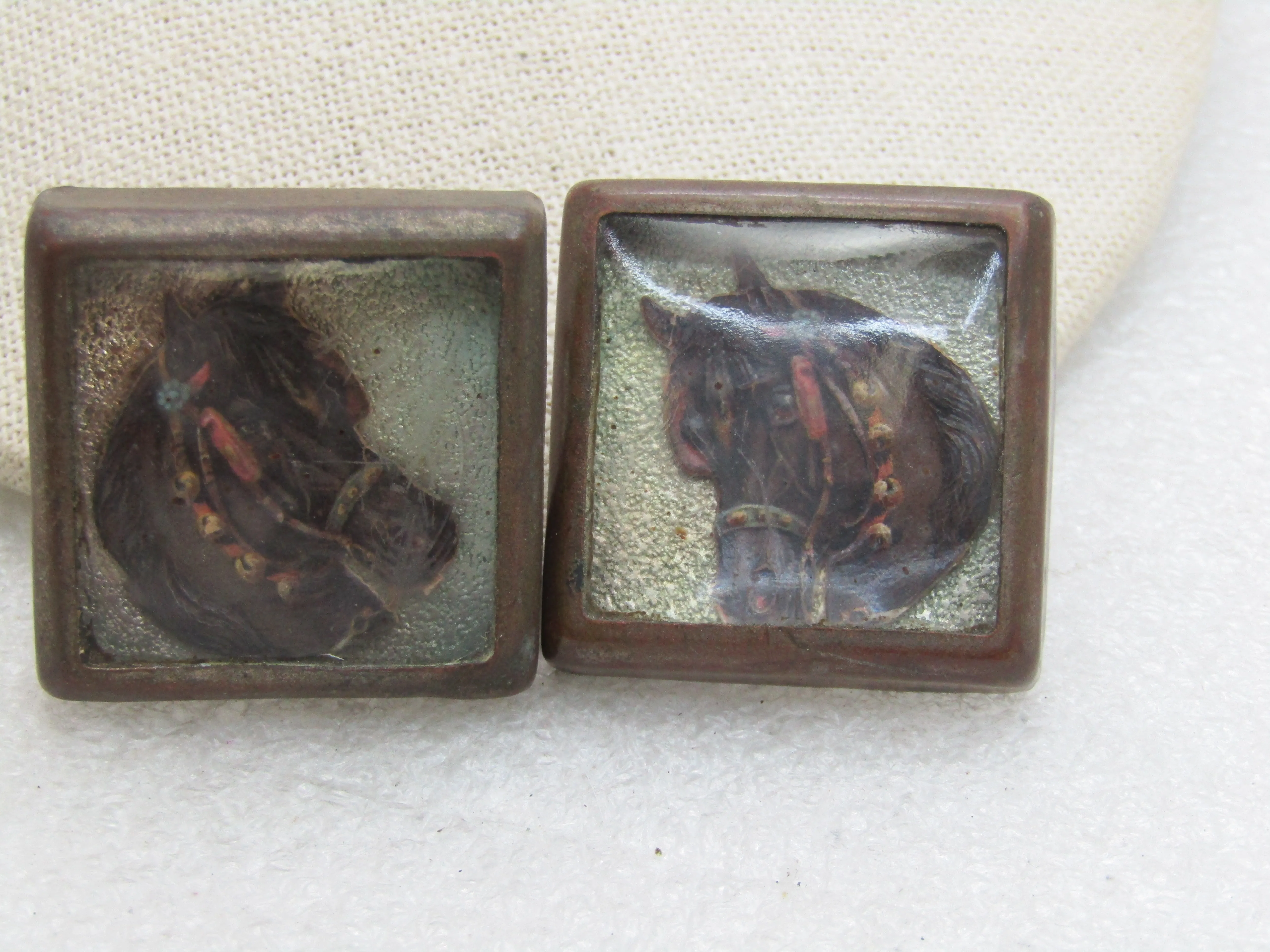 Vintage Pair of Square Horse Head Bridal Rosette/Buttons, 1-3/8"