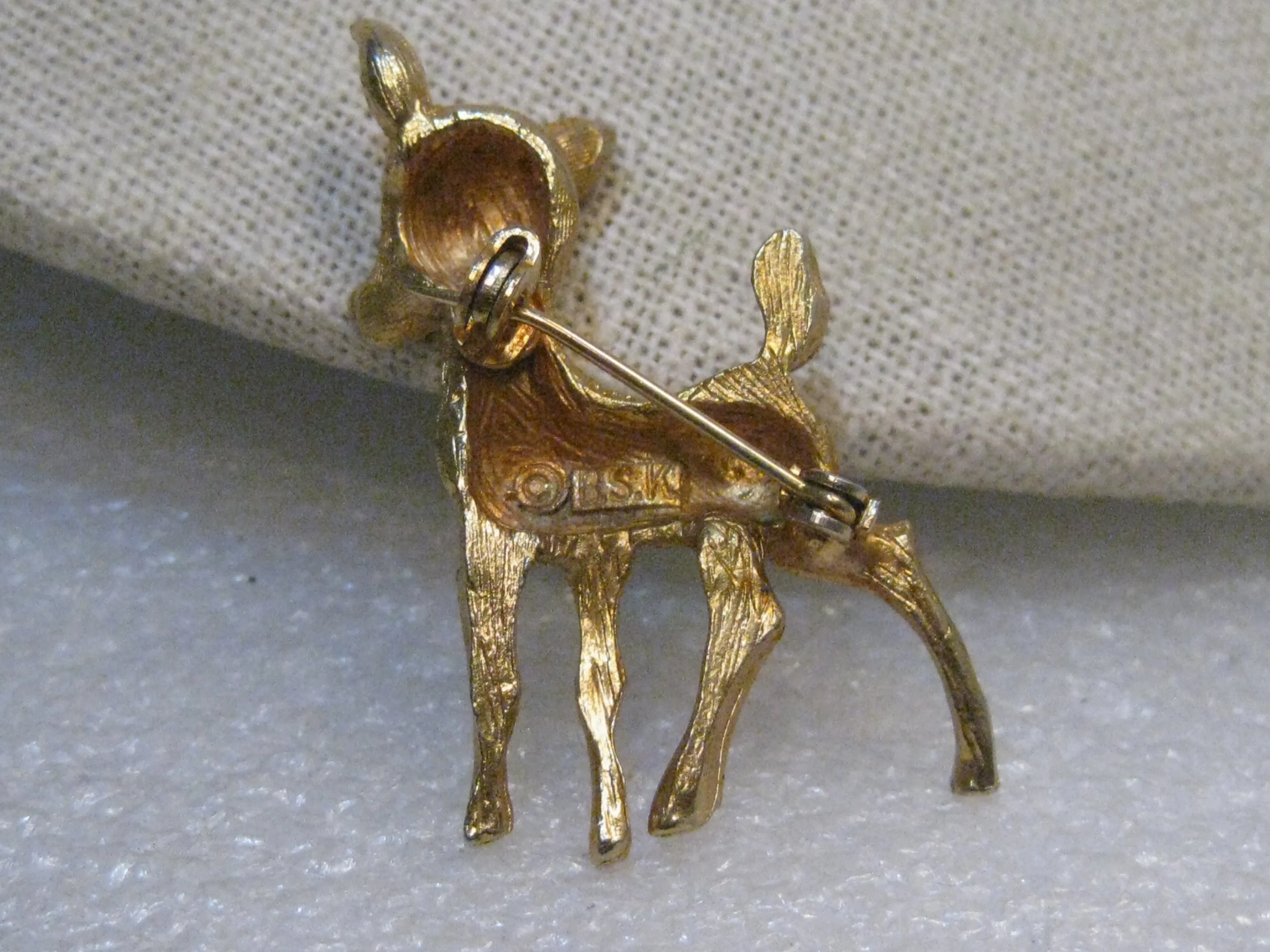 Vintage Reindeer Brooch, BSK, Rhinestone Eye, Gold Tone 1960's,
