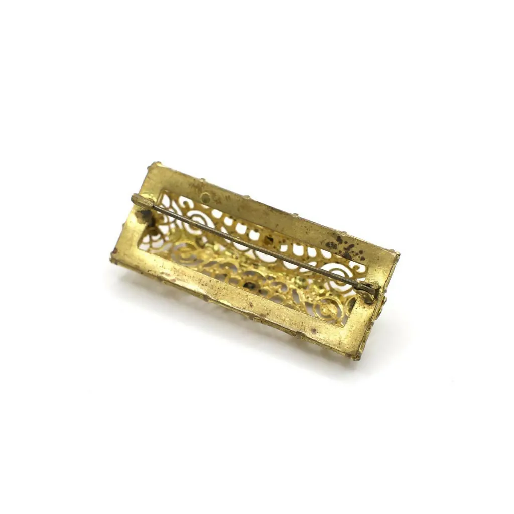 Vintage Rhinestone Gold Tone Filigree Cage Bar Pin