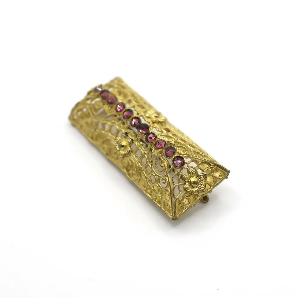 Vintage Rhinestone Gold Tone Filigree Cage Bar Pin