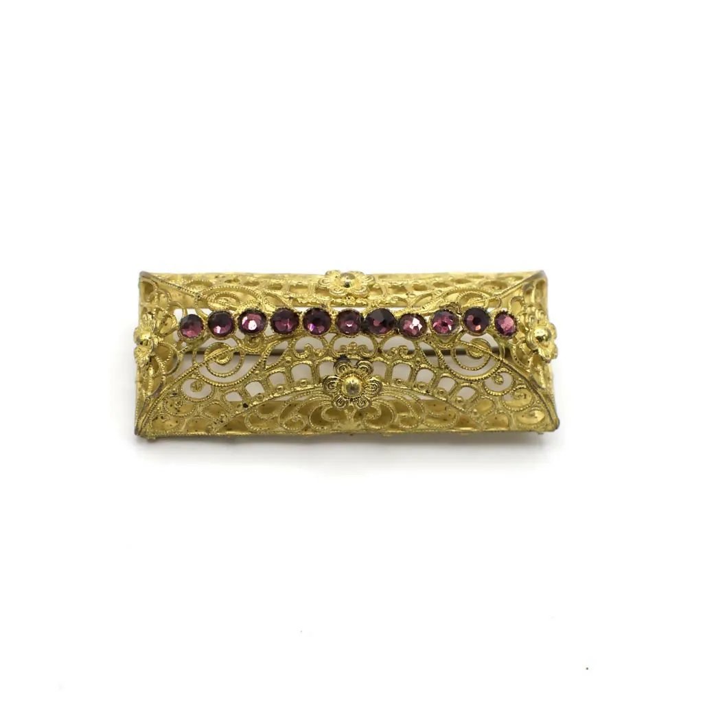 Vintage Rhinestone Gold Tone Filigree Cage Bar Pin