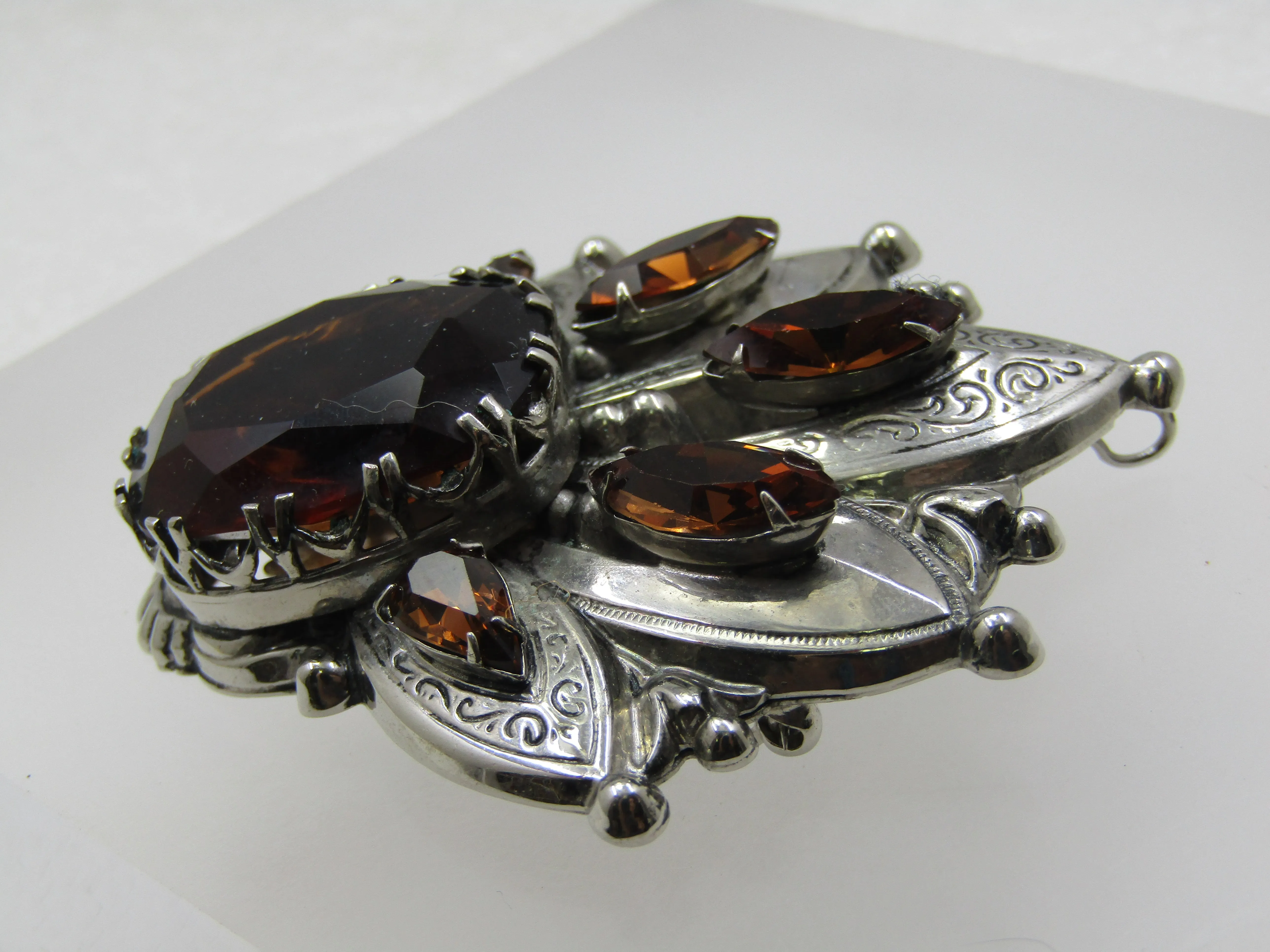 Vintage Smoky Rhinestone Pointed Statement Brooch/Pendant Signed Accessocraft NYC, 1960's-1970's.