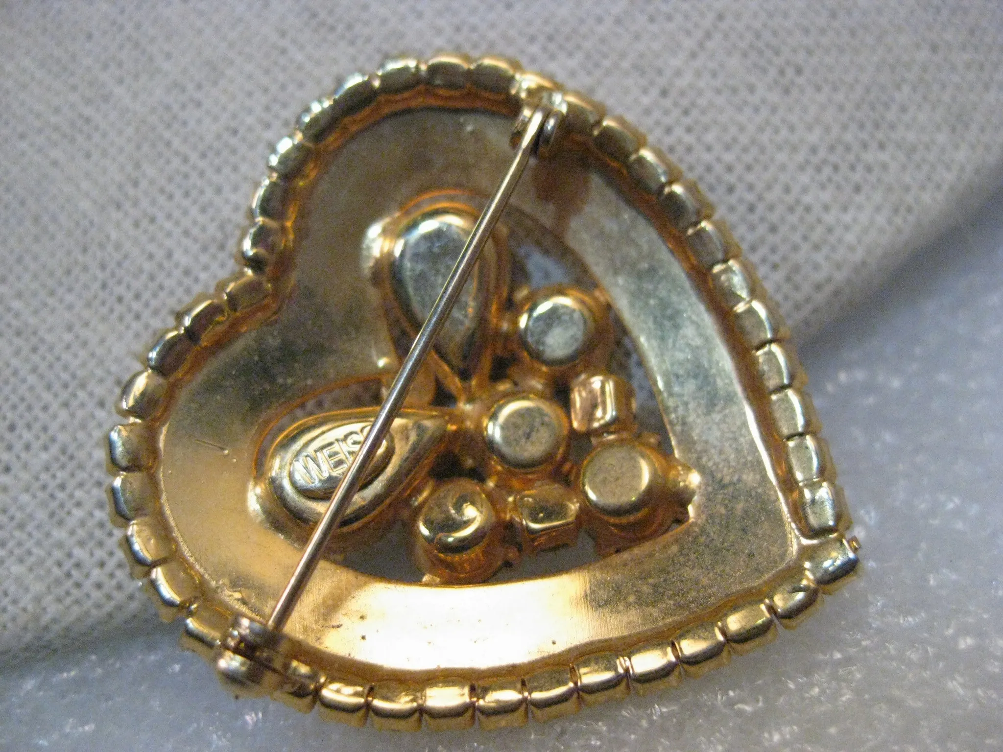 Vintage Weiss Gold Tone Heart Brooch, Purple Rhinestone Cluster and Border 1-2/3" tall