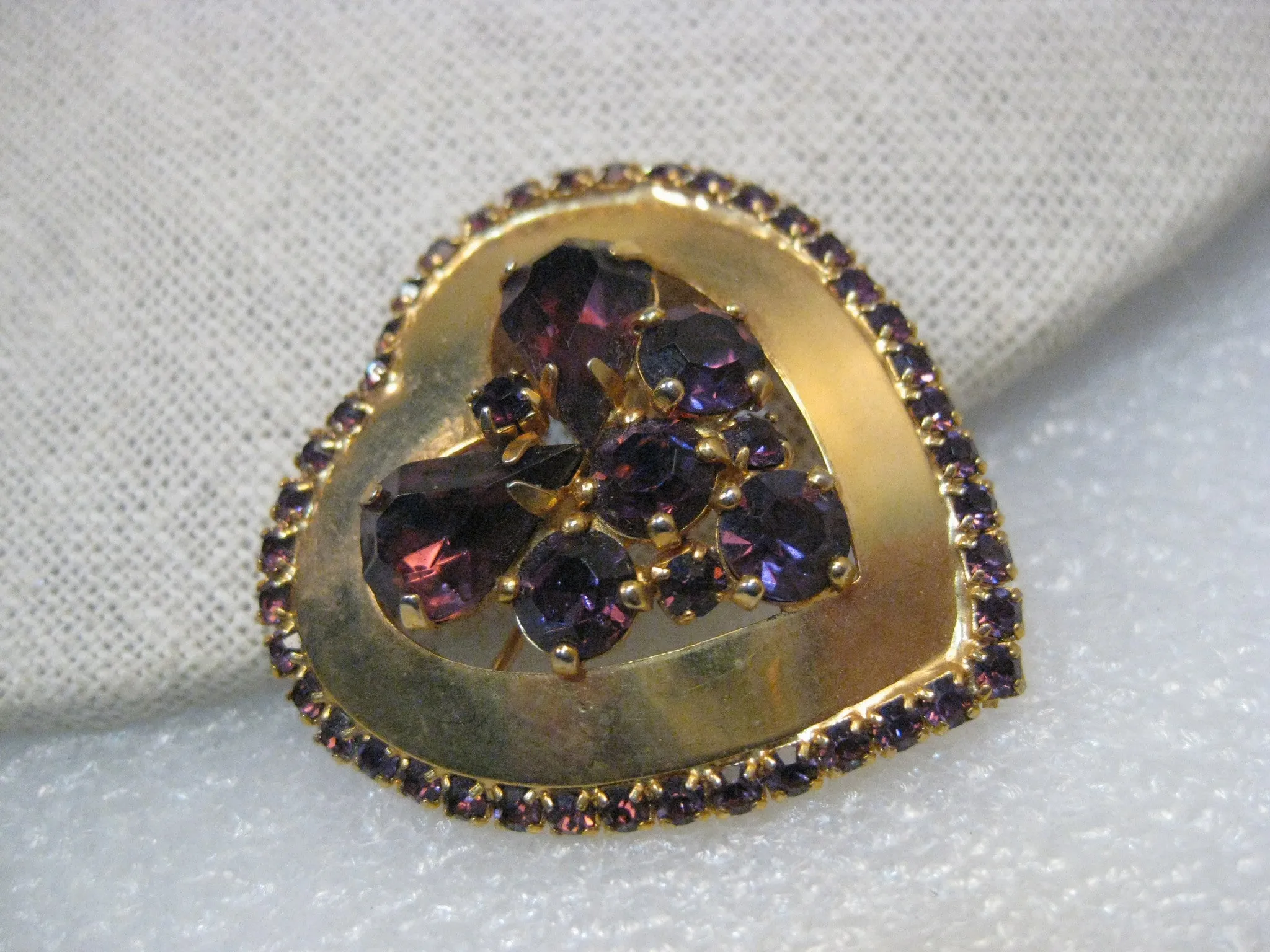 Vintage Weiss Gold Tone Heart Brooch, Purple Rhinestone Cluster and Border 1-2/3" tall