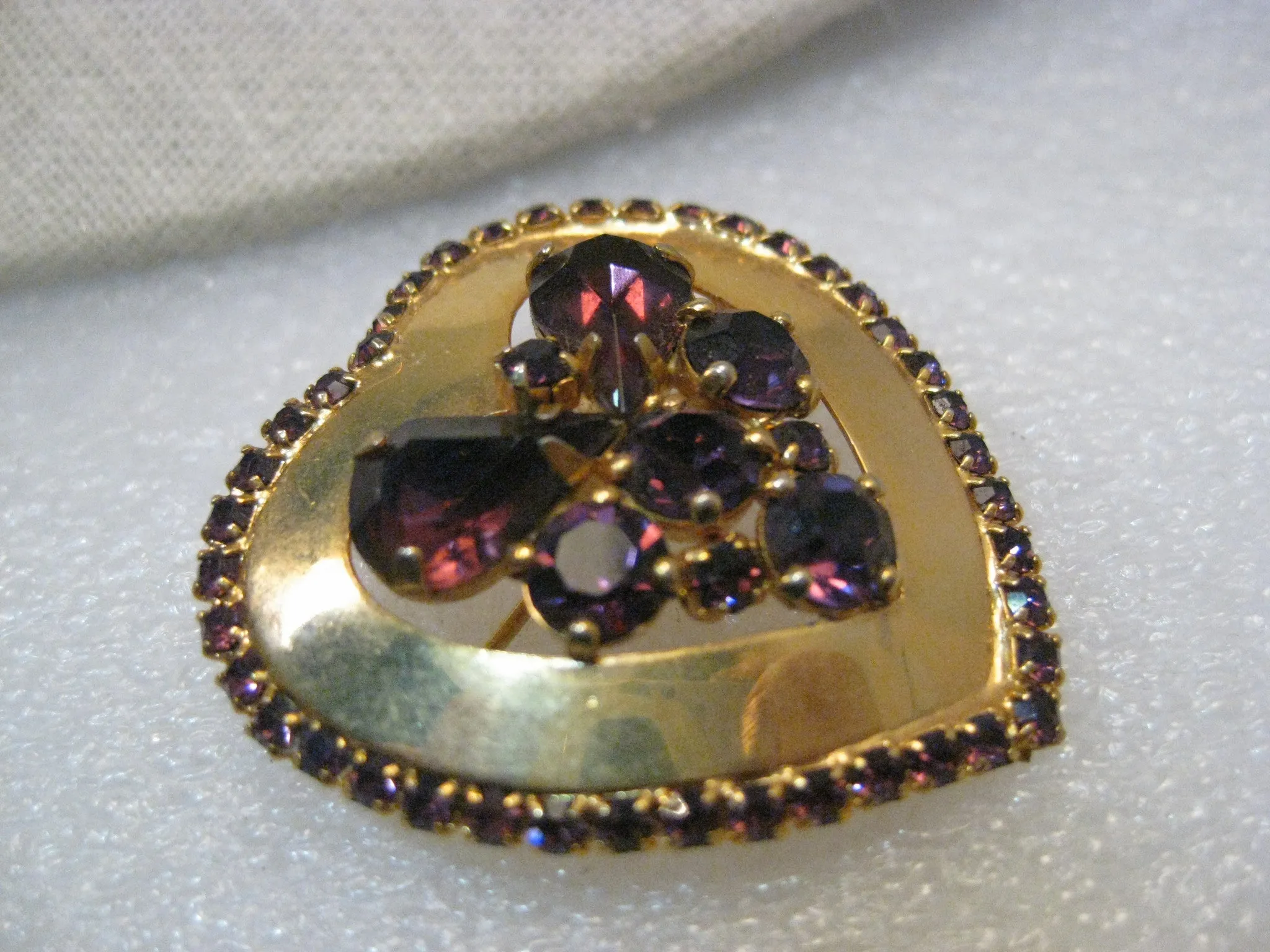 Vintage Weiss Gold Tone Heart Brooch, Purple Rhinestone Cluster and Border 1-2/3" tall